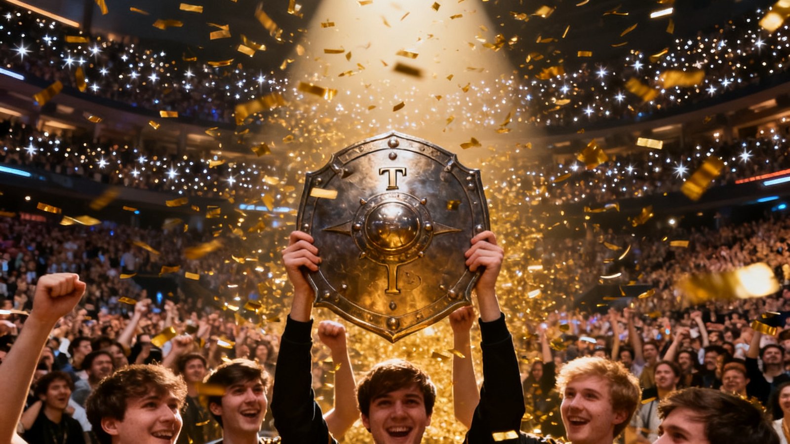 DOTA2 TI13国际邀请赛冠军战队在万人体育场中央高举冠军盾牌，金色纸屑漫天飞舞，观众席星光点点汇聚成欢呼的海洋