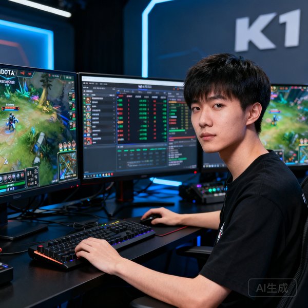 K1电竞首席分析师林晨，28岁，曾是DOTA2半职业选手，短发干练，面前摆放三台显示器同时监控不同赛事数据